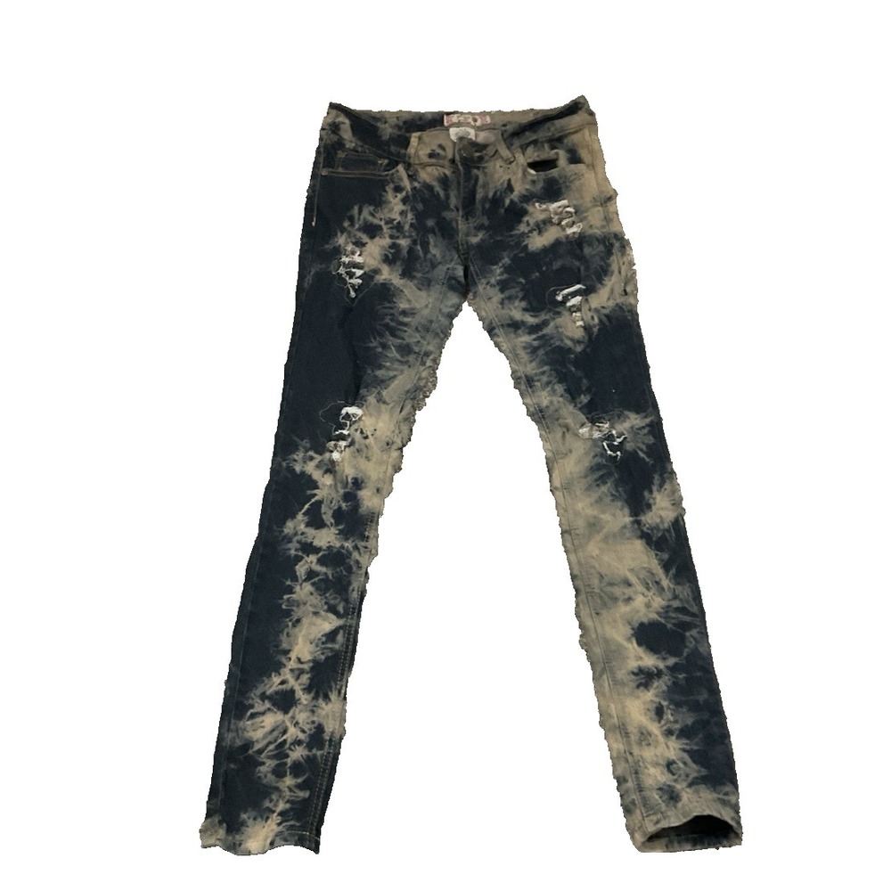 Denim &‎ Rivet Straight Jeans Juniors 9 Distressed Blue Gray Acid Tie Dye Denim